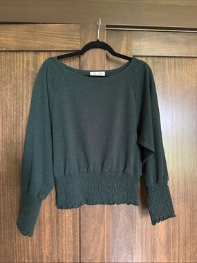 She + Sky Dark Green Smocked Waist & Cuff Top